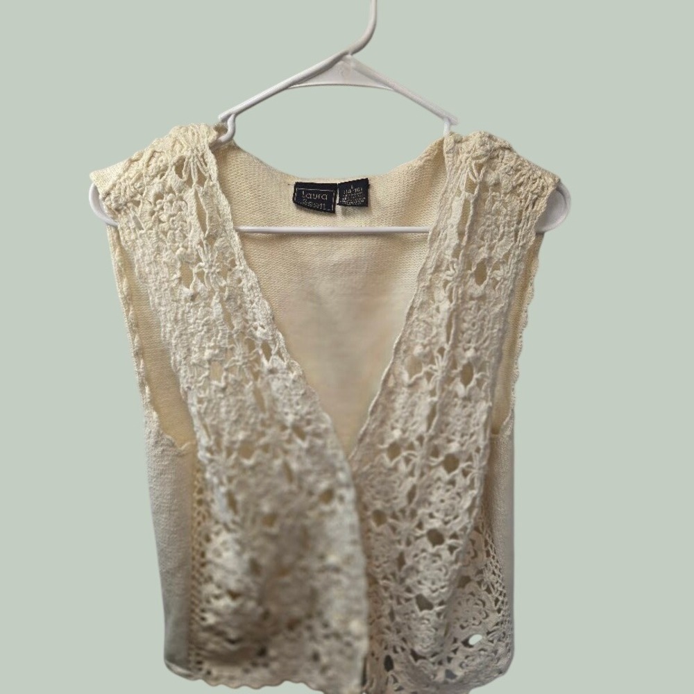 Laura Scott Cream Knit Vest Large Crochet Floral Lace Trim Ramie Cotton Blend